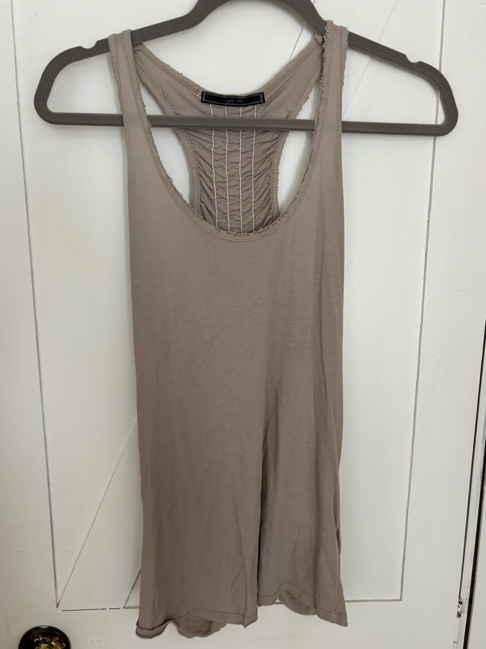 Ya-Da Taupe Ruched Racerback Tank Top Draped Boho Stretchy